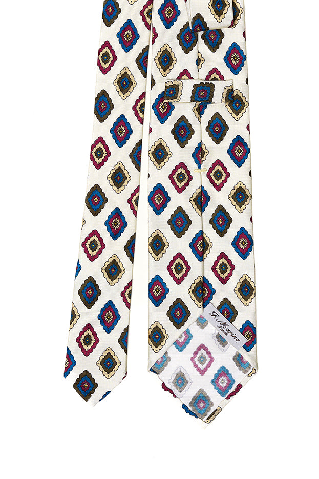 Cravatta F.Marino bianca con fantasia geometrica romboidale blu, rosso e oro