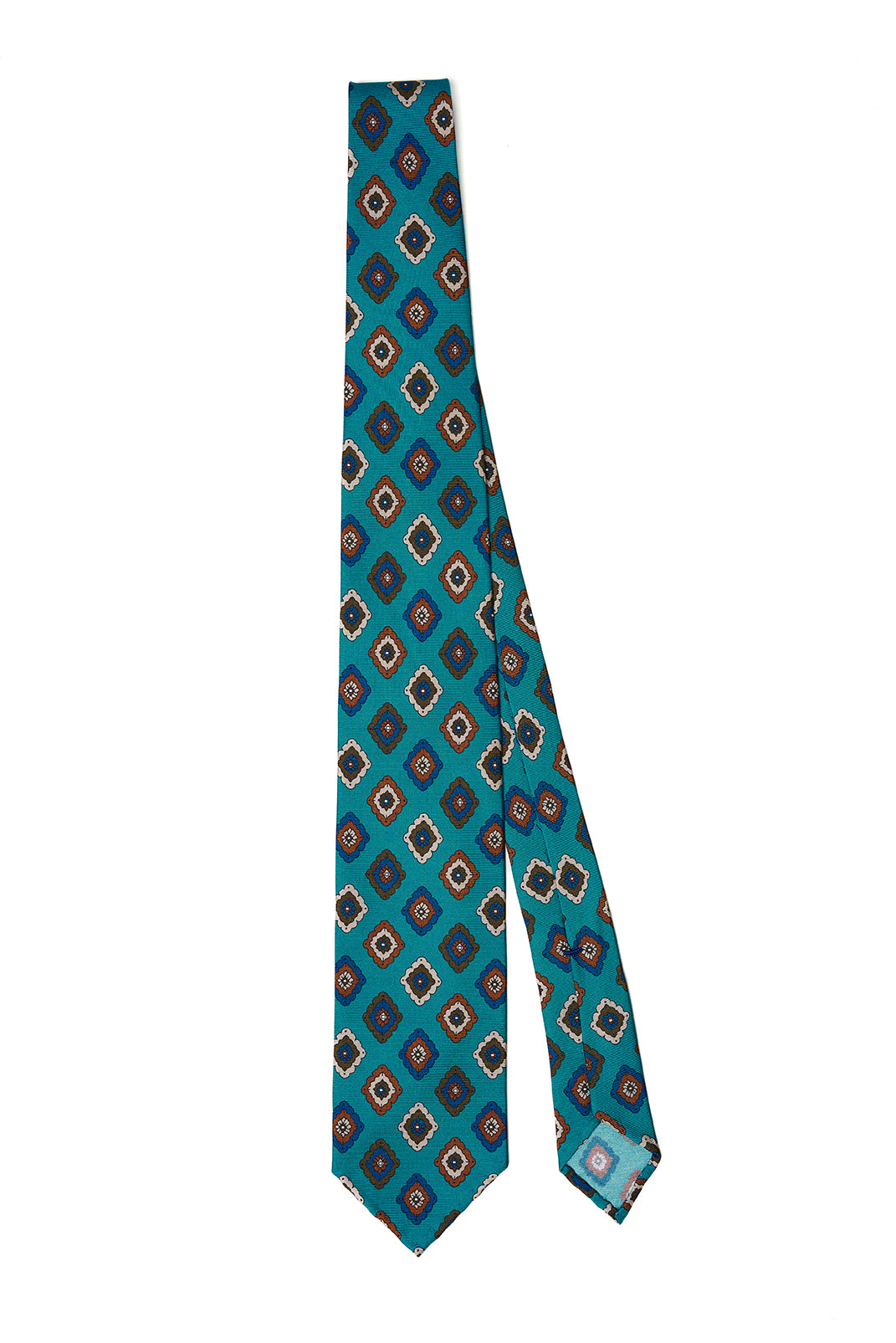 Cravatta F.Marino verde petrolio con motivo geometrico a rombi blu, rosso e beige