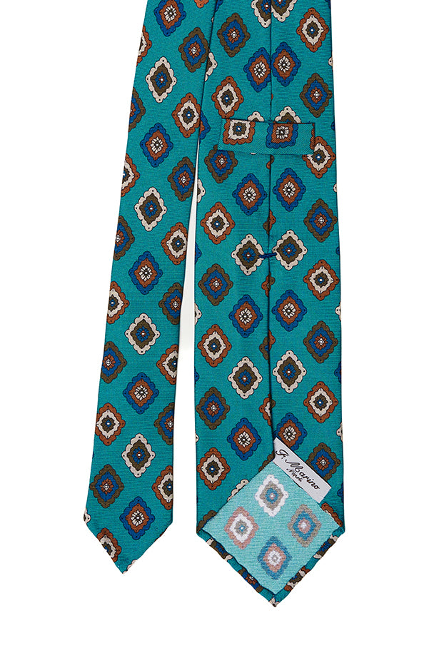 Cravatta F.Marino verde petrolio con motivo geometrico a rombi blu, rosso e beige