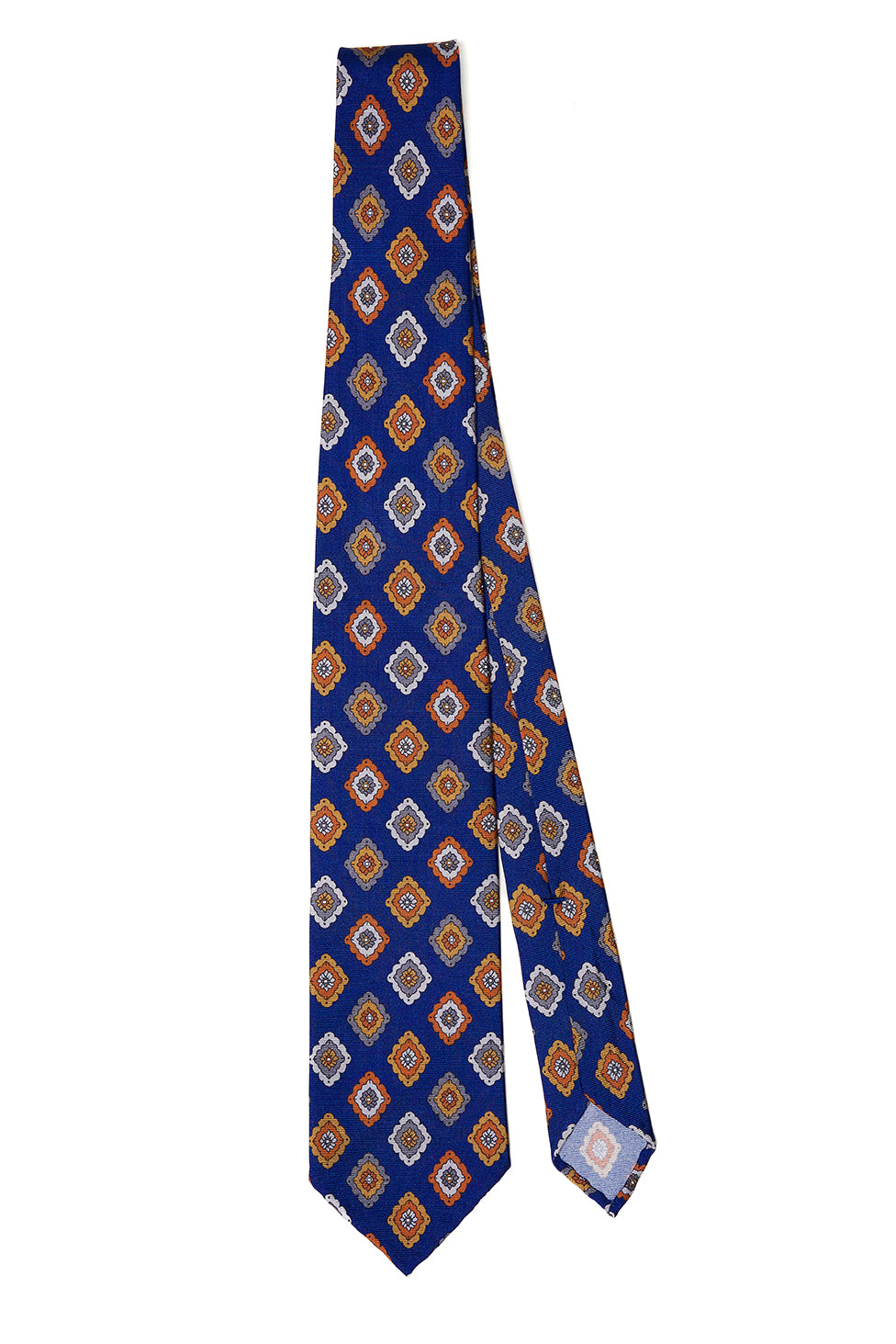 Cravatta F.Marino blu intenso con rombi multicolore arancio, bianco e grigio