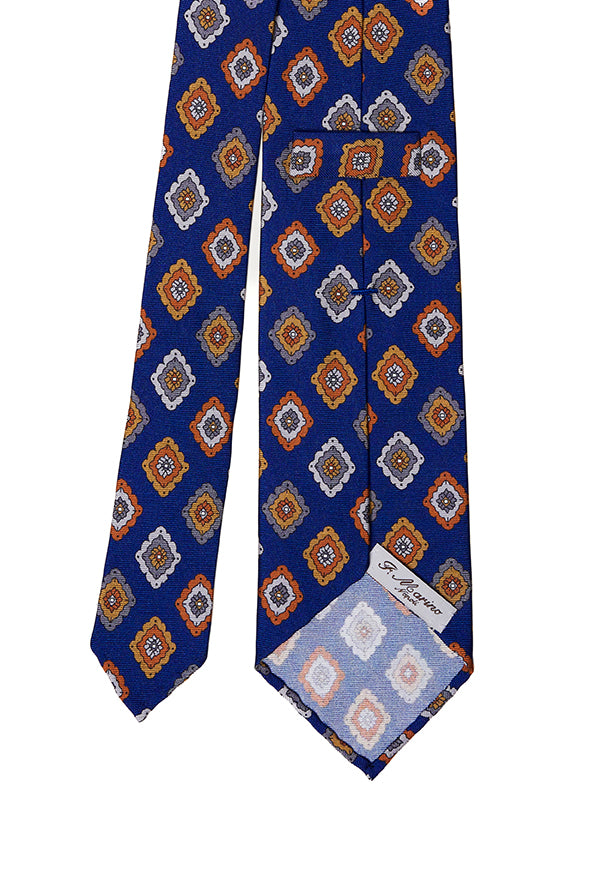 Cravatta F.Marino blu intenso con rombi multicolore arancio, bianco e grigio