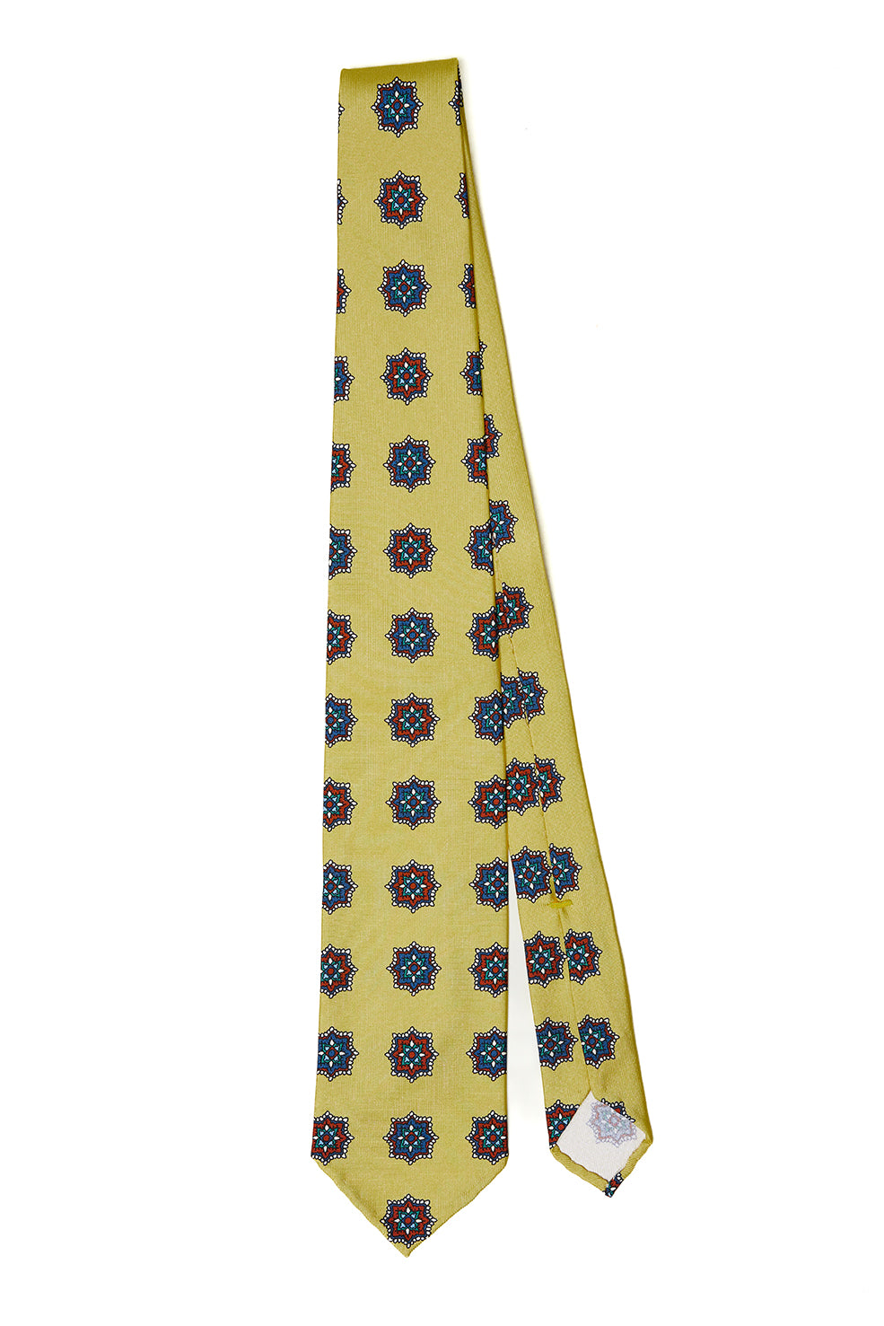Cravatta F.Marino in seta giallo chiaro con motivo a stelle floreali blu e rosse