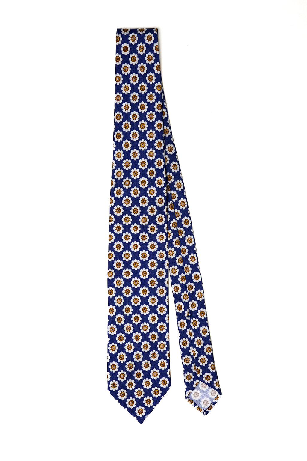 Cravatta F.Marino blu navy con fantasia floreale bianco e arancio