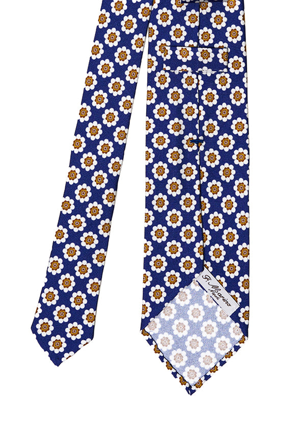 Cravatta F.Marino blu navy con fantasia floreale bianco e arancio