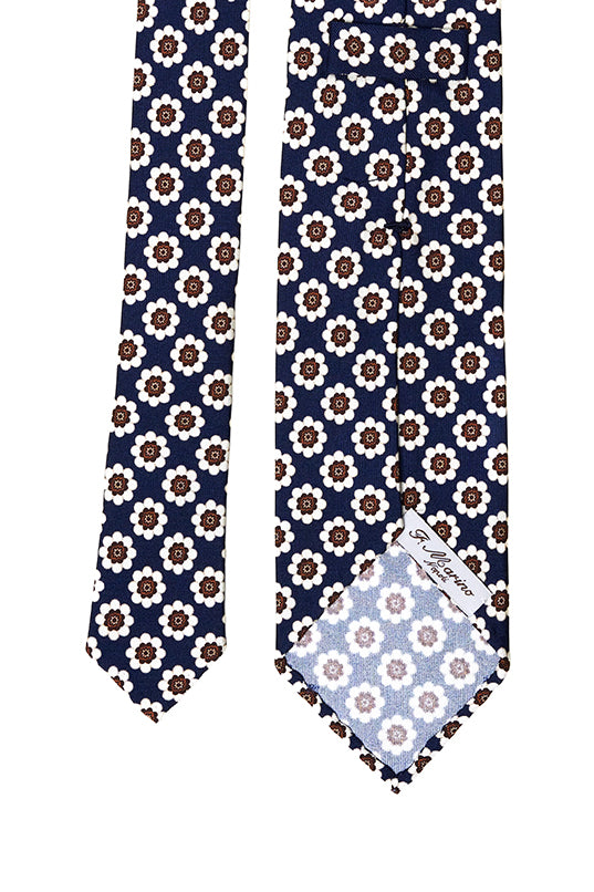 Cravatta F.Marino blu navy con motivo floreale bianco e marrone